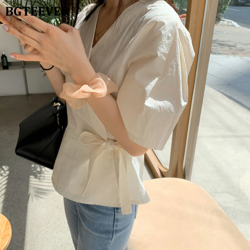 Элегантные женские рубашки BGTEEVER с V-образным вырезом блузки повседневные