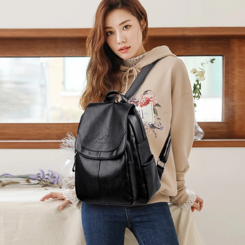 Модный мягкий кожаный женский многофункциональный рюкзак Женская Большая