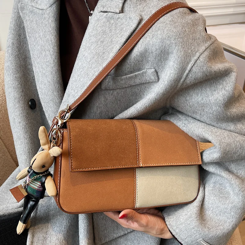 

Faux suede women Underarm Crossbody Shoulder Bags 2022 Winter Brand patchwork Designer Fashion Handbags ladies messenger bags