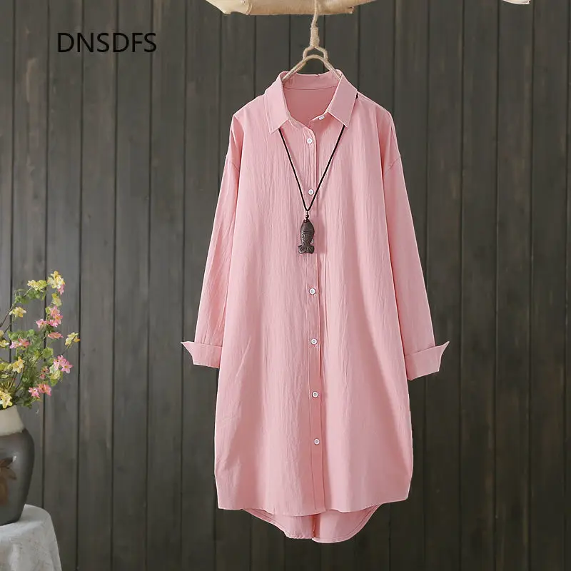 

Oversize Blouse New Pure Cotton Shirt Women Loose Long Tops Spring Plus Size Harajuku Leisure Shirts Retro Ladies Top White Pink