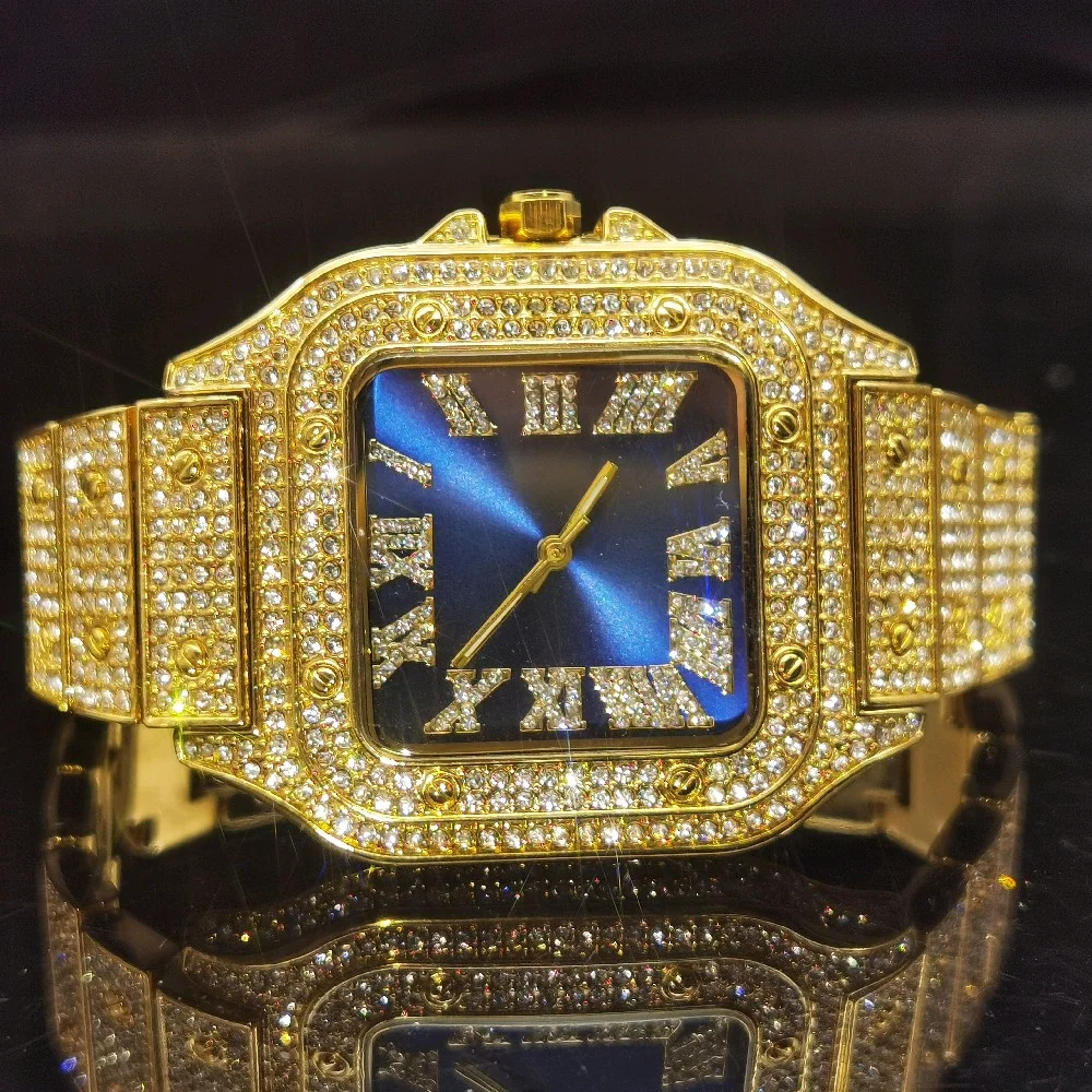 

MISSFOX Classic Square Men Watch Blue Dial Top Brand Diamond Watches Quartz Gentleman Relógio Masculino Luxury Fashion Hiphop