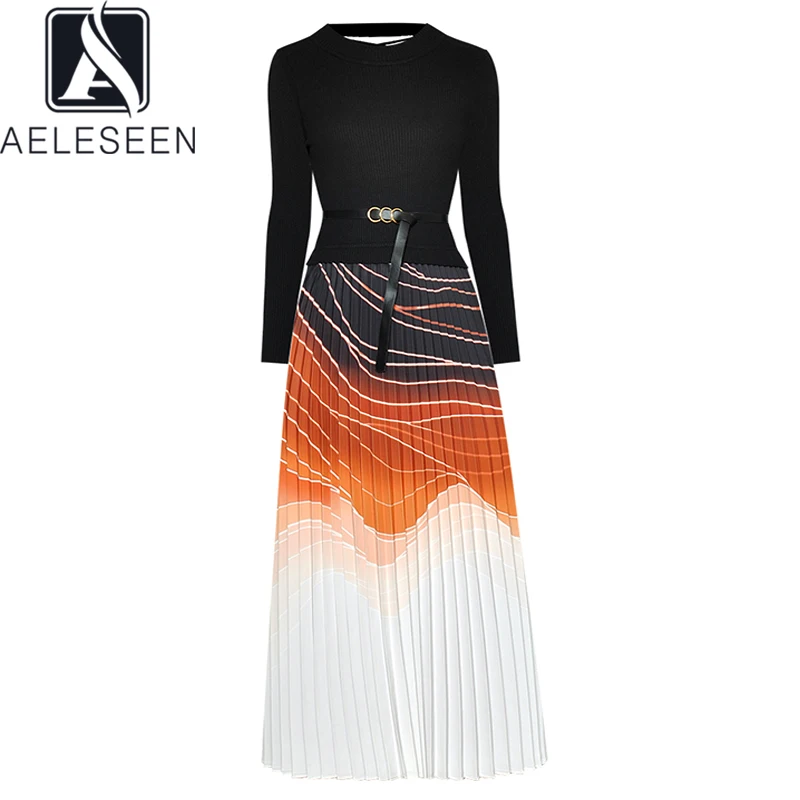 

AELESEEN Autumn Winter Knitted Dress Women Runway Fashion Elegant Black Spliced Orange Print Sashes Long Pleated Dresses