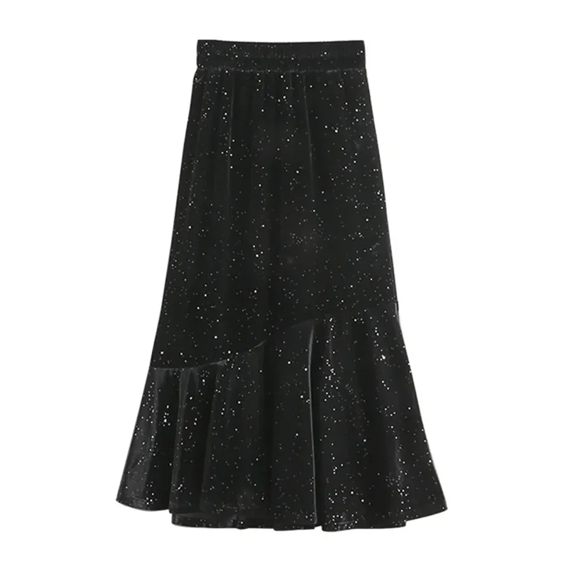 

Gold Velvet Fishtail Skirt 2021 Autumn Winter New High Waist Elastic Beveled Stitching Mid-Length Skirt Slim Women's Skirt M519