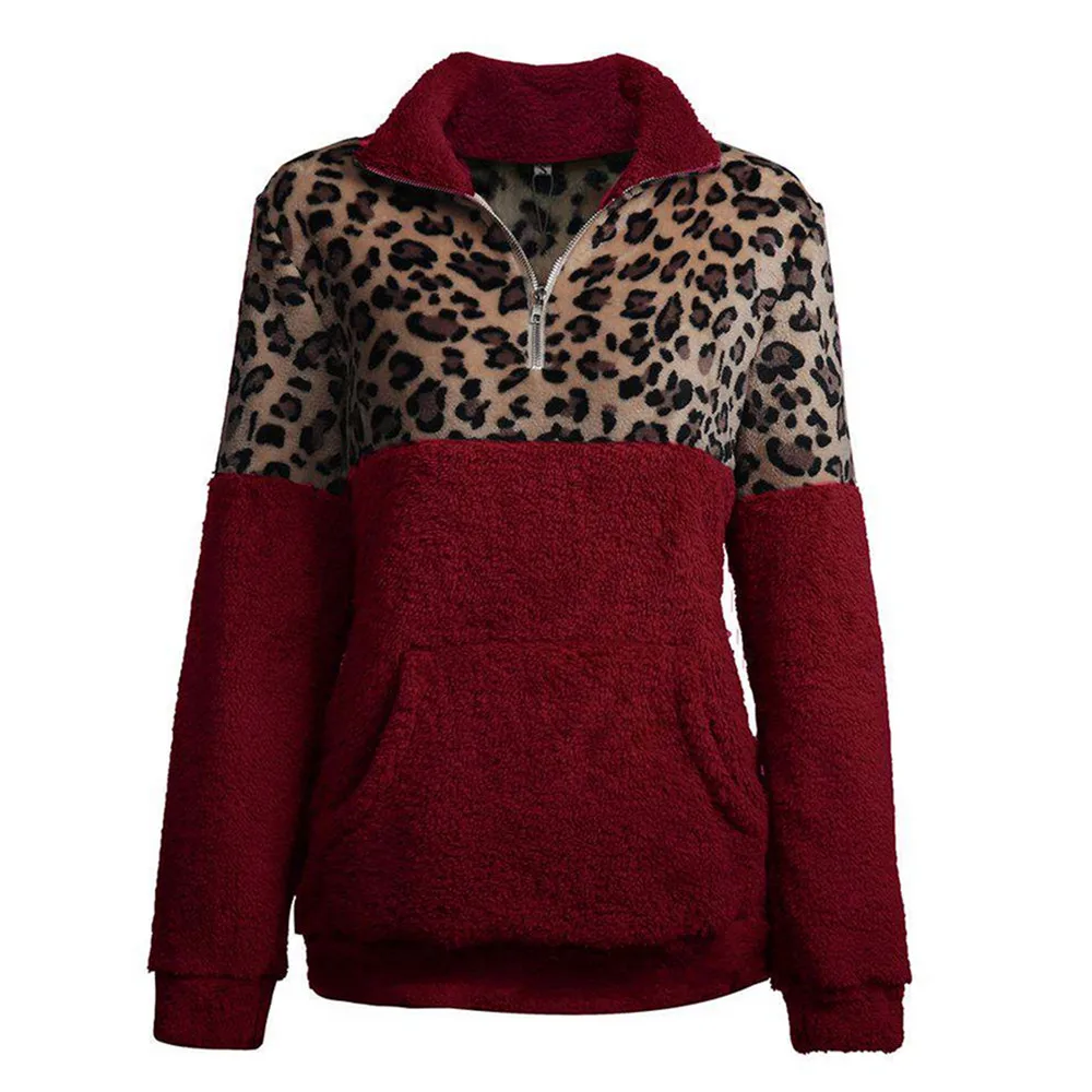 Leopard Patchwork Fluffy Sweatshirt Women Zip Fleece Casual Oversized Hoodie Winter Pullover Hoody Ladies Tops Plus Size | Женская