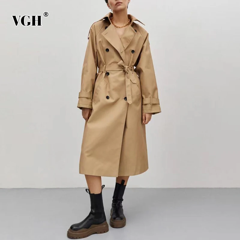 

VGH хаки корейский плащ-Тренч для женщин с длинным рукавом Высокая талия пояса тонкий повседневное пальто с разрезом женский 2021 весенней мод...