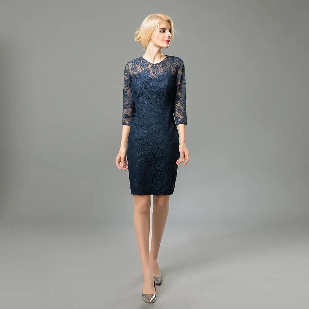 

Реальное изображение темно-синяя до колена, для мамы невесты платья с рукавом три четверти, кружевное платье для выпускного вечера