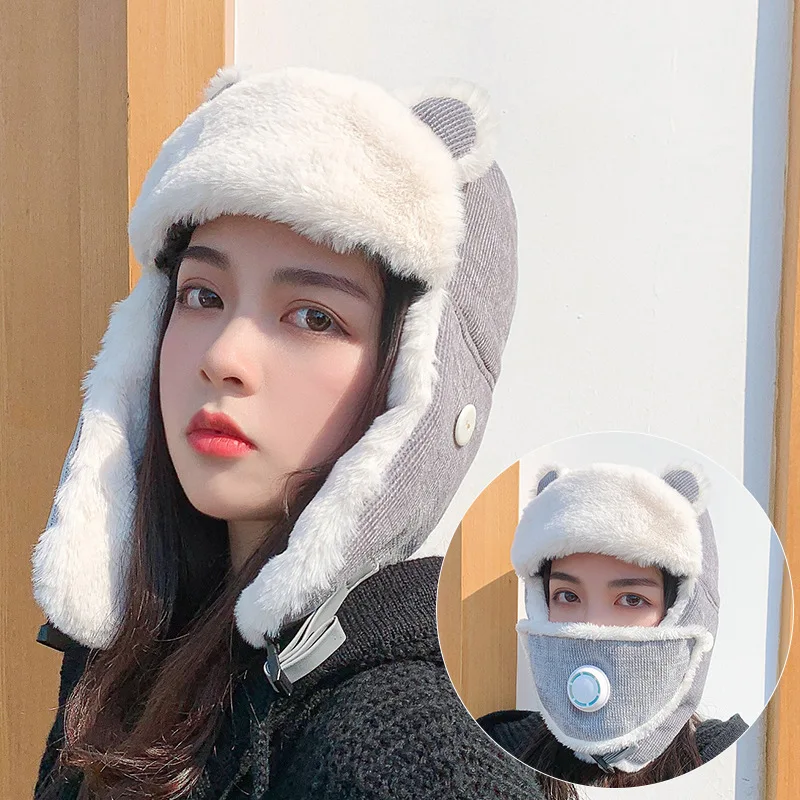 

Ski Hat Winter Earmuffs Cartoon Face Mask Breathable Cuddly Plush Outdoor Warm Windproof Riding Cap Ski Mask