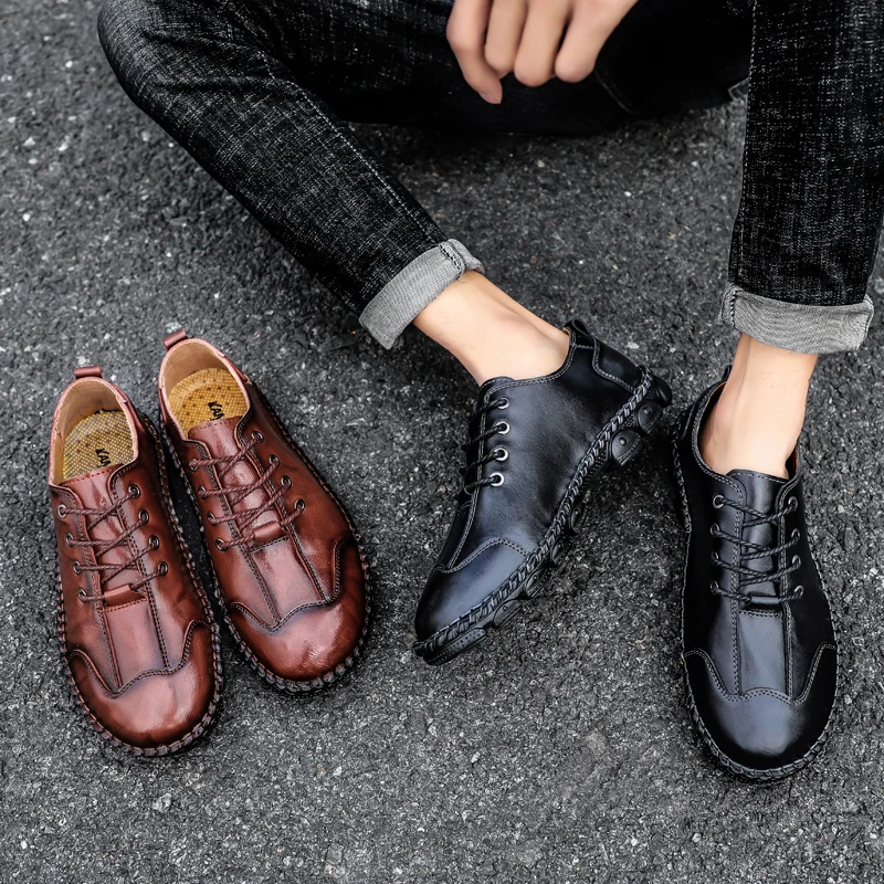 

Casual Shoes men Flats Comfortable genuine Leather Boat Shoes oxfords lace up fashion Breathable Boat Shoes men big szie 48