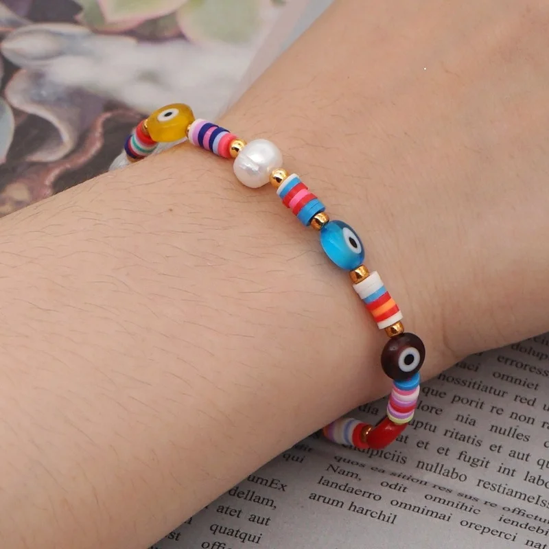 

2021 Boho Ethnic Bracelet Women Hand-woven Natural Pearl Eyes Colored Soft Clay Handmade Bracelet Women Pulseras Jewelry