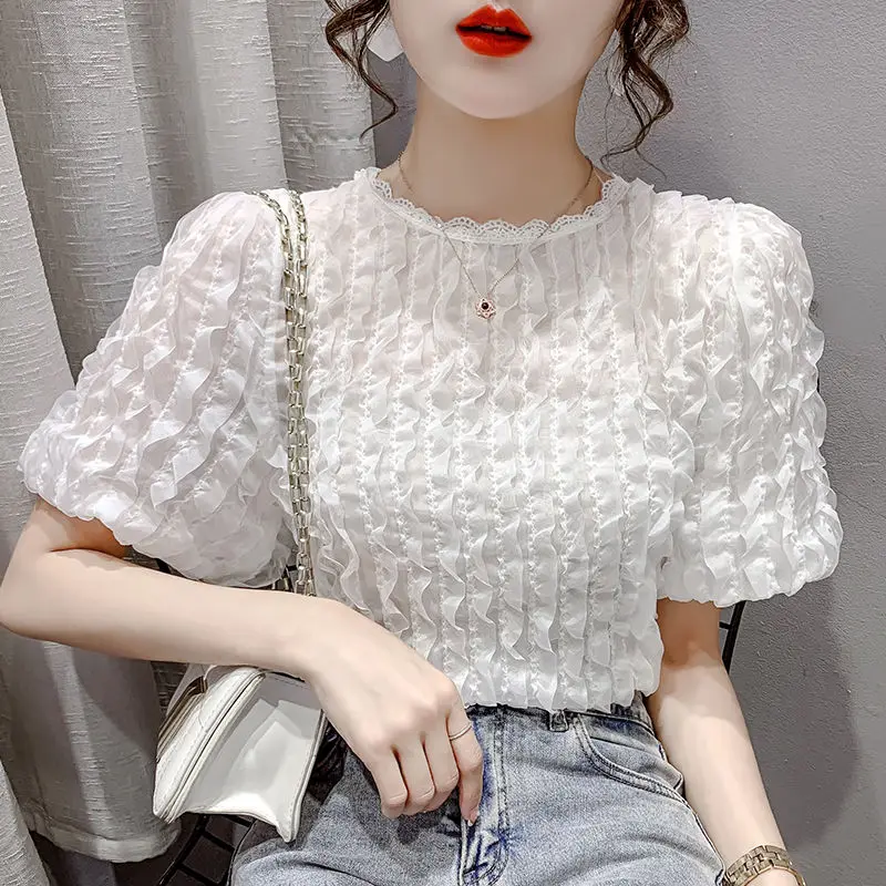 

2021 женские летние элегантные все-матч Шифоновая Блузка женские утепленные сапоги с О-образным вырезом с короткими рукавами-пуфами с сетчат...