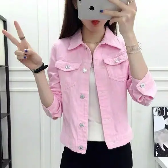 

2021 new Korean slim denim jacket short pink blouse