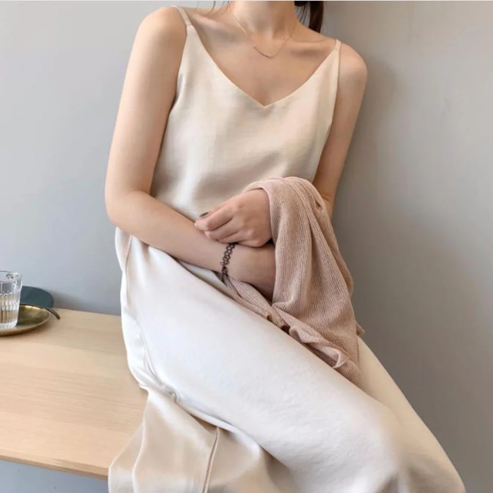 

2021 Women Deep V Neck Sexy Dress Solid Casual Sleeveless Slip Long Dress Party Elegant Female Summer Spaghetti Strap Dress