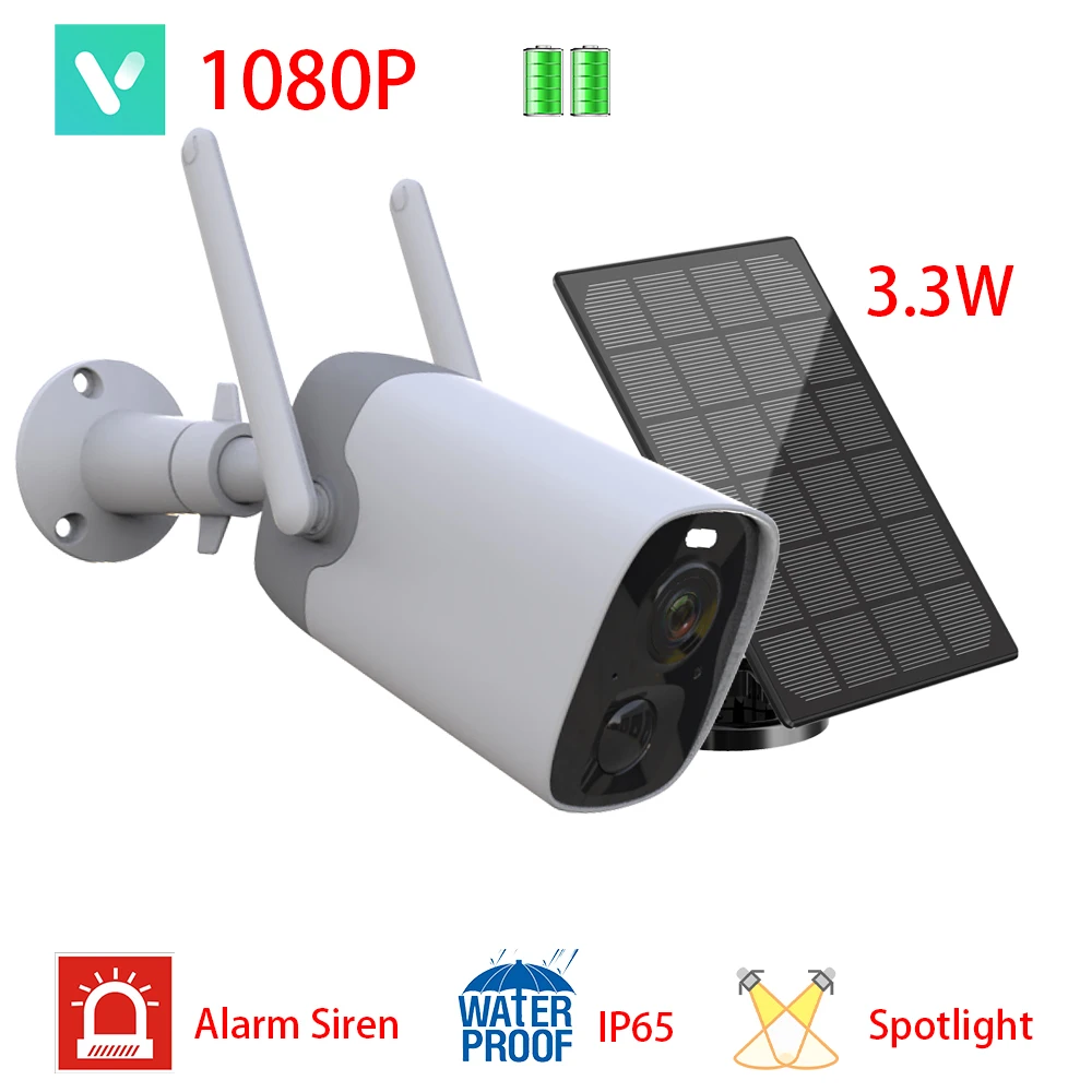 

IP65 Outdoor 9600mAh Rechargeable Battery Powered Siren Alarm WiFi 1080P CCTV Spotlight Camera with AI PIR Motion Detection