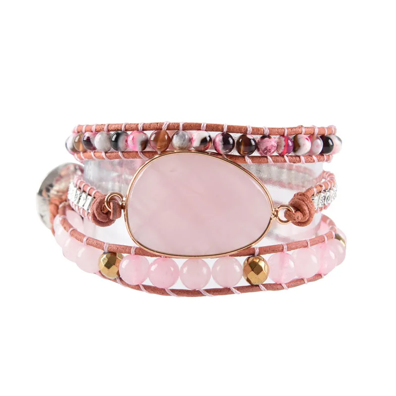 Роскошный кожаный браслет натуральные камни бусы плетение эффектный Boho Femme Homme