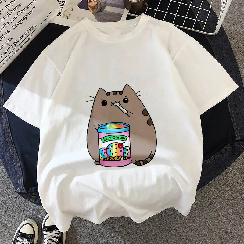 Kawaii, футболка с толстым котом, женская, новинка, летняя, милая, модная, короткий рукав, футболка, белая, тонкая, с секциями, хипстер, футболка, Топы, одежда