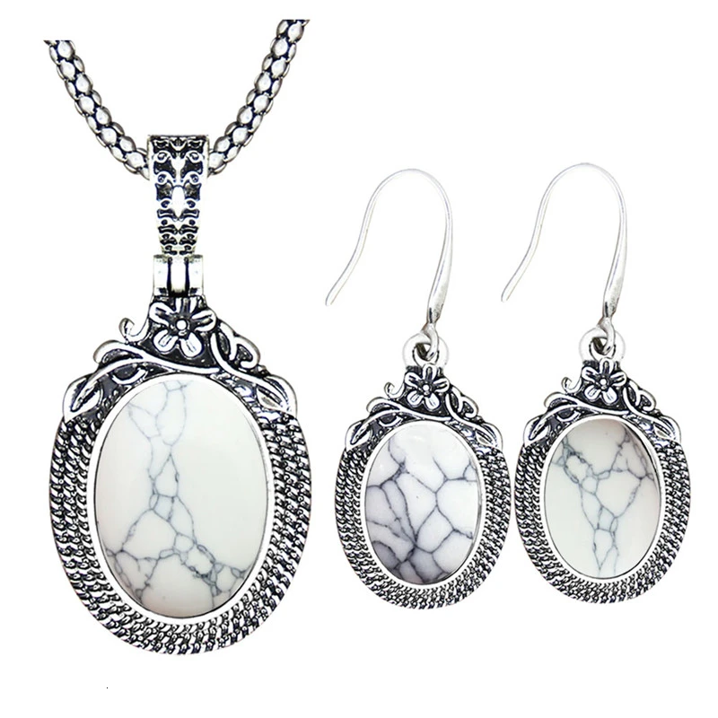 White Turquoise Винтажный комплект из ожерелья и сережек с аметистом, винтажный комплект из натурального камня, кварца, Модный женский комплект TS574 - Окраска металла: White Turquoise