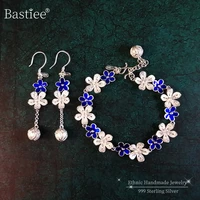 bastiee women s999 hmong sterling silver jewelry sets handmade drop earrings cloisonne enamel bracelet blue flower ethnic set