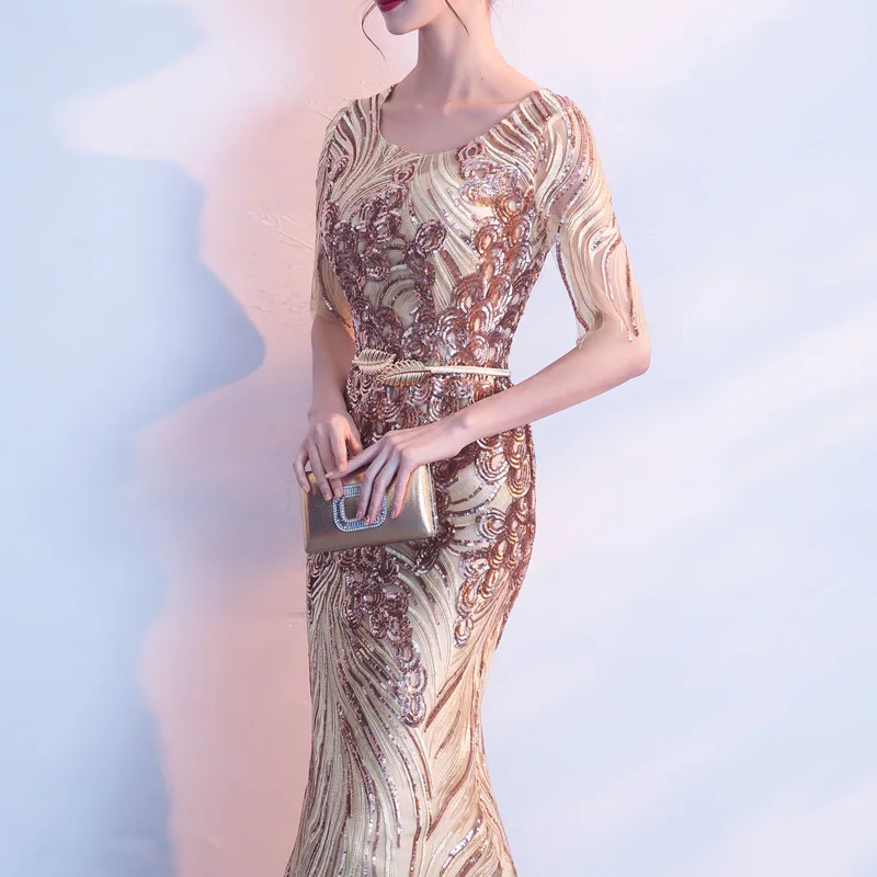 

It's Yiiya Sequined Formal Dress O-Neck Floor-Length Elegant Mermaid Robe De Soiree K177 Half Sleeve Zipper Dress Woman Party