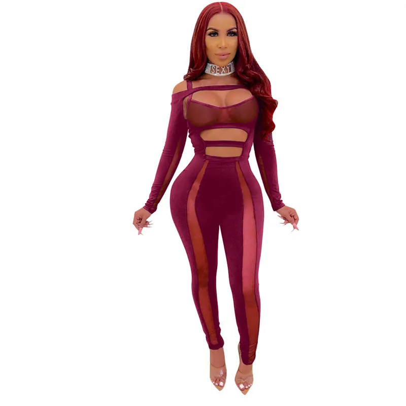 Adogirl Hollow Out Sheer Mesh Patchwork Bandage Jumpsuit Spaghetti Straps Off Shoulder Long Sleeve Women Sexy Night Club Romper | Женская