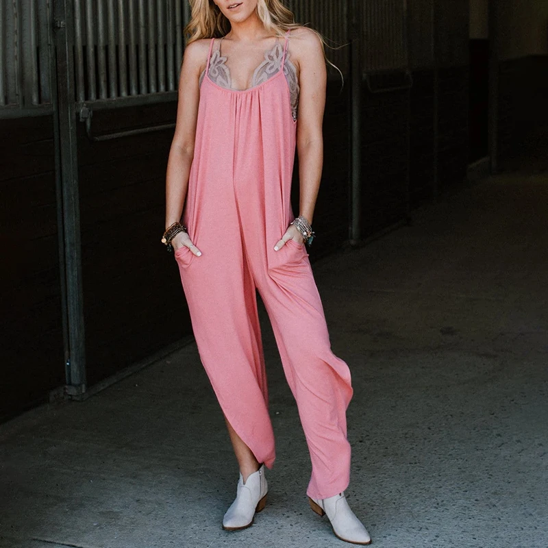 

Женские комбинезоны с разрезом VICABO, однотонные Свободные повседневные длинные брюки на тонких бретельках с широкими штанинами, эластичные ...