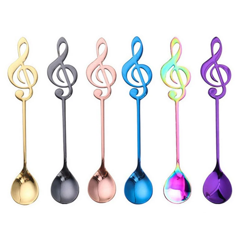 Hot New 6Pcs Stainless Steel Spoon Coffee Note Shape Music Theme Tea Stirring Small Ice Cream Dessert Scoop Flatware | Дом и сад