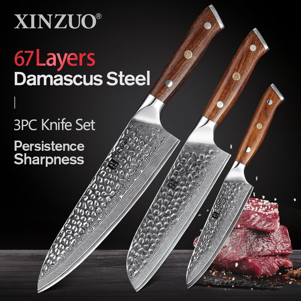 XINZUO набор из трех ножей нож дамасской стали 5 + 7 8 дюймов утилита Santoku Chef кухонные