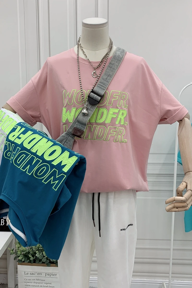 

Women's Short-Sleeved T-shirt Korean Style Large Size Loose Mid-Length Cotton Simple Embroidered Letter Salt Summer Tops