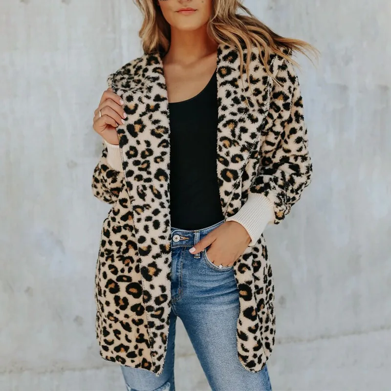 

Winter Coat Women 2020 Fashion Luxury Women Long Sleeve Lapel Collar Leopard Print Woolen Thick Warm Midi Coat Plus Size