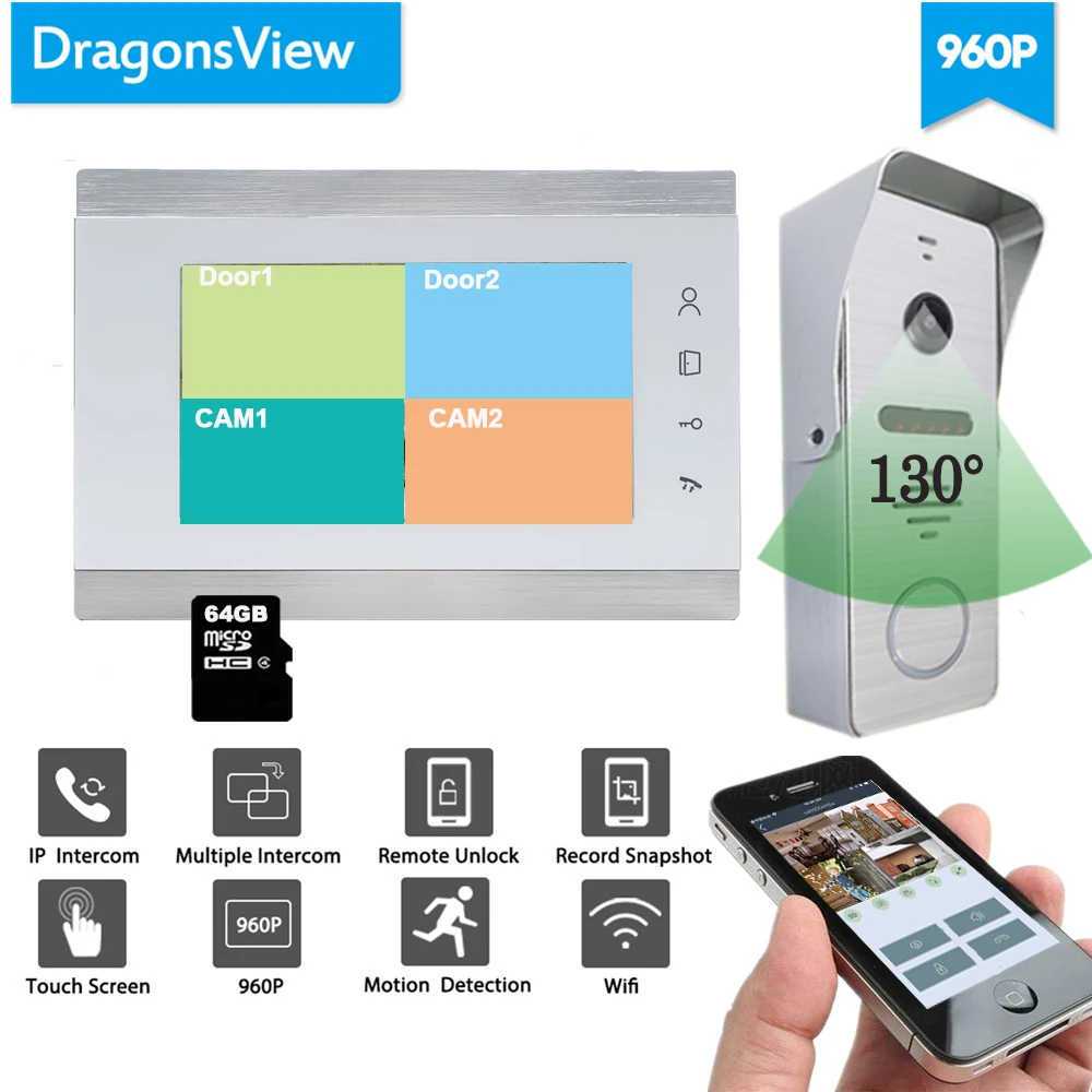 Dragonsview 7 inch Video Intercom Wifi Wireless Door Phone Doorbell Camera 4 Channels Record Unlock Motion Detection | Безопасность и