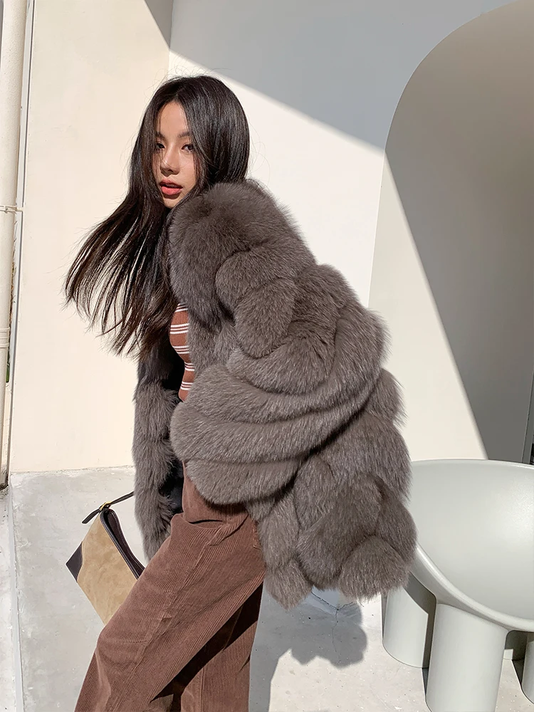 Fashion Women Real Fox Fur Jacket Natural Woman Whole Skin Genuine Fox Fur Coats Medium Length V-neck Luxury Fur Overcoats 2022