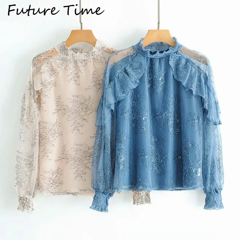 Женская кружевная блузка с принтом длинным рукавом и воротником стойкой|Блузки| |