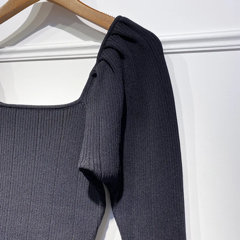 

2019 Autumn and Winter Tight Square Neck Puff Sleeve Long Sleeve Knit Sweater Women's Bottoming Shirt Top