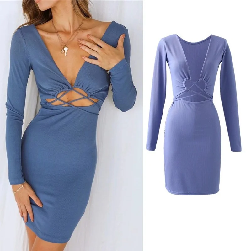 

Весенне-осеннее однотонное сексуальное женское платье с длинным рукавом и V-образным вырезом