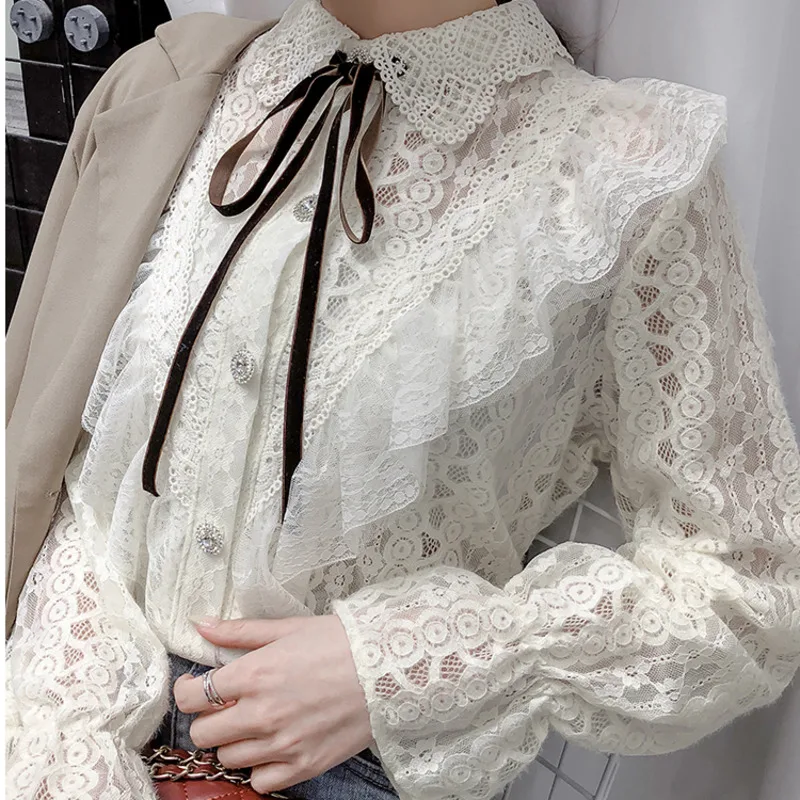 #2015 весенние кружевные женские рубашки с бантом и воротником лацканами