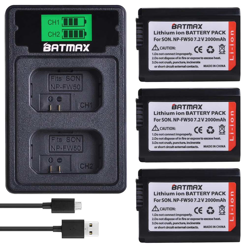 3X 2000 мАч NP FW50 NPFW50 батарея Akku + USB LCD двойное зарядное устройство для Sony Alpha a6500 a6300 7R a7R