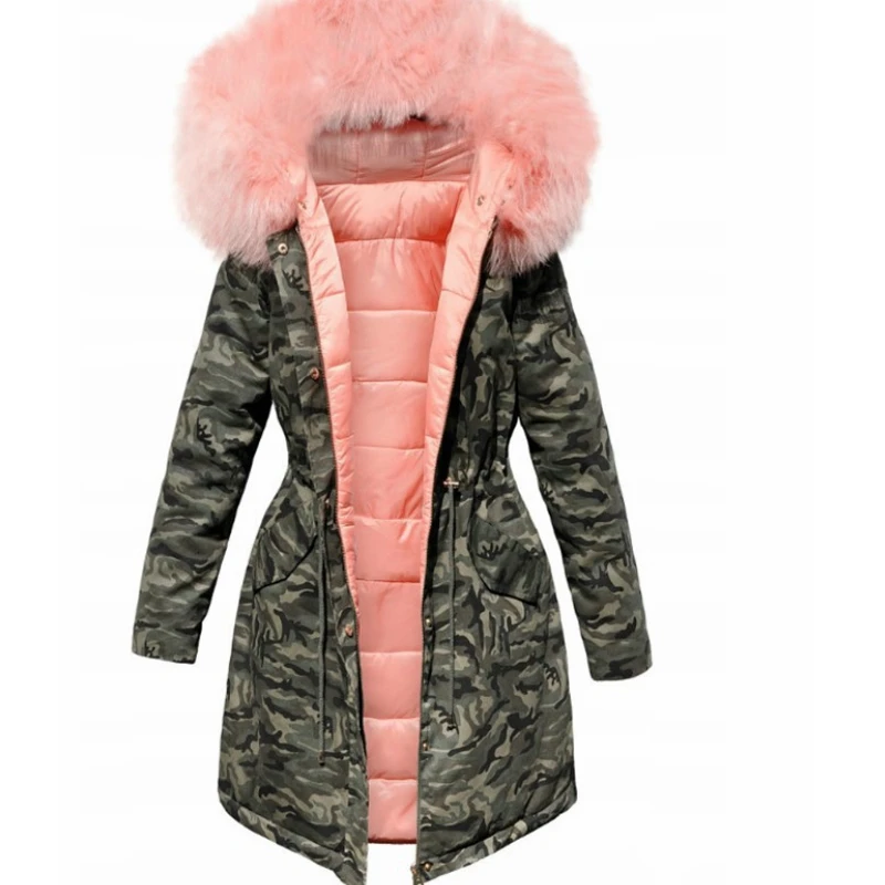 

Lugetolo Camouflage Hooded Long Coat Women Winter Parkas Warm Fashion Zipper Long Sleeve Slim Jacket