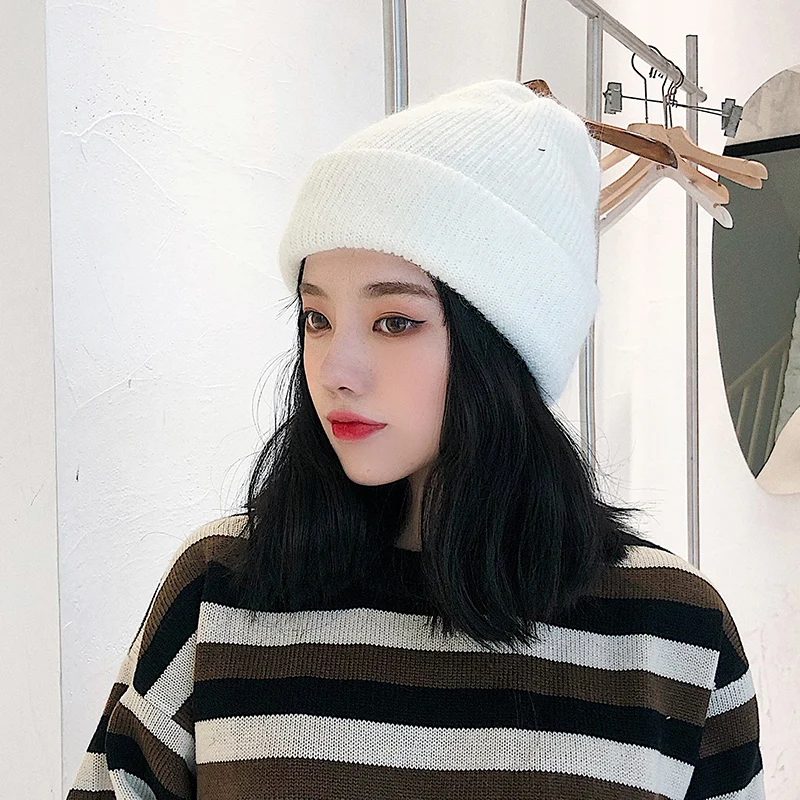H3559 Women Warm Beanie Hat Female Autumn Winter Korean Thick Knitting Skullies Cap Girl Pure Color Fashion Lovely Shopping Hats |