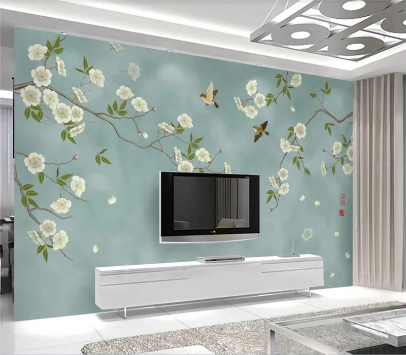 

Custom wallpaper mural new Chinese style hand-painted flowers and birds plum blossom TV sofa background wall