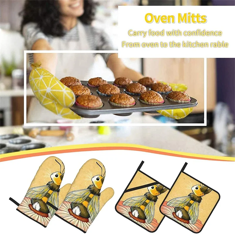 

Oven glove and pot holder set heat-resistant 4-piece set, kitchen utensils non-slip insulating gloves for baking and cooking