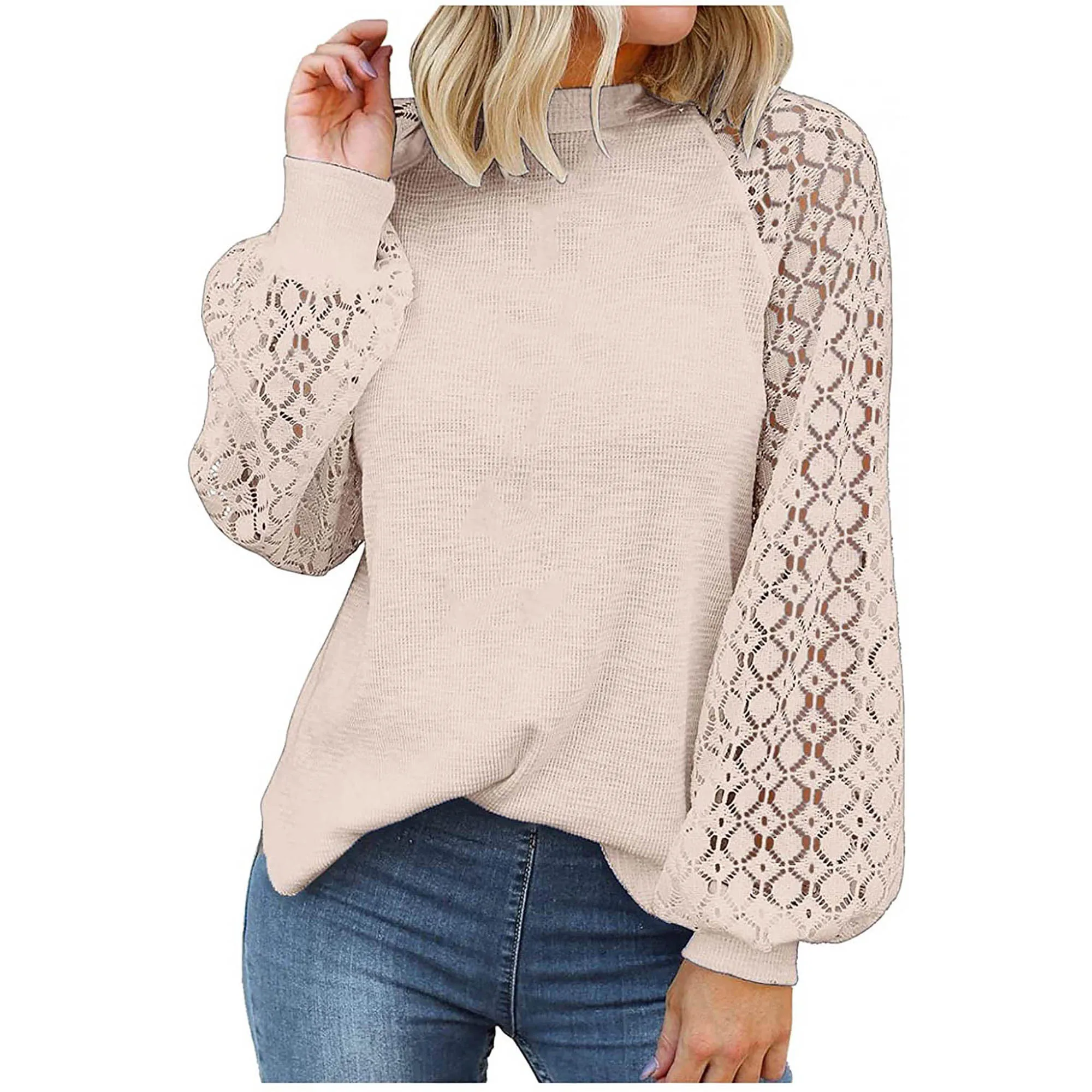 

New Womens Fall Tops Cotton Oversized Lace Long Sleeve Tops Solid Casual Crewneck Loose T Shirts Blouse Fashion Sweatshirts 2021