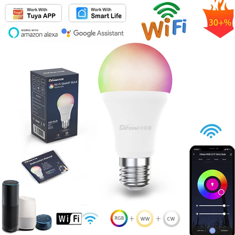 

Умная лампа E27 tuya Wi-Fi 9 Вт RGB + CW home, умное приложение, лампа RGB, совместимая с Alexa Google Home