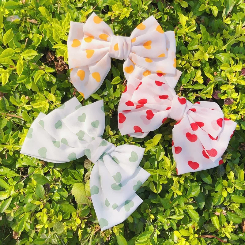 

3 Level Big Large Hair Bow Barrettes Heart Printed Chiffon Hairpin Women Girl Hair Clips Korea Fashion Hairgrip Hair Accessories