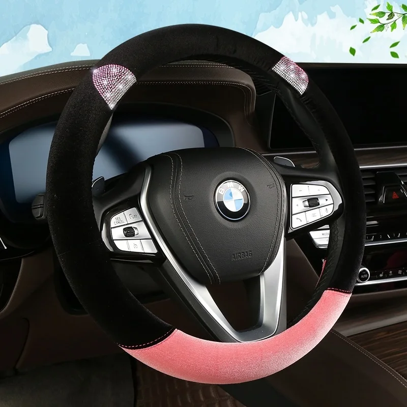 

Plush Car Steering Wheel Cover Cartoon Diamond Inlaid Winter Ladies Girls Accessories Rhinestone Auto Handle Case Protector