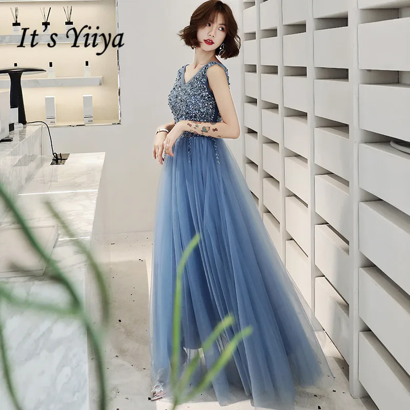 Вечерние платья It's Yiiya синие вечерние с блестками и бисером Длинные v образным