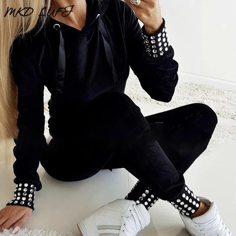 Горячая штамповка с капюшоном шнурок топ и брюки наборы для женщин комплект из