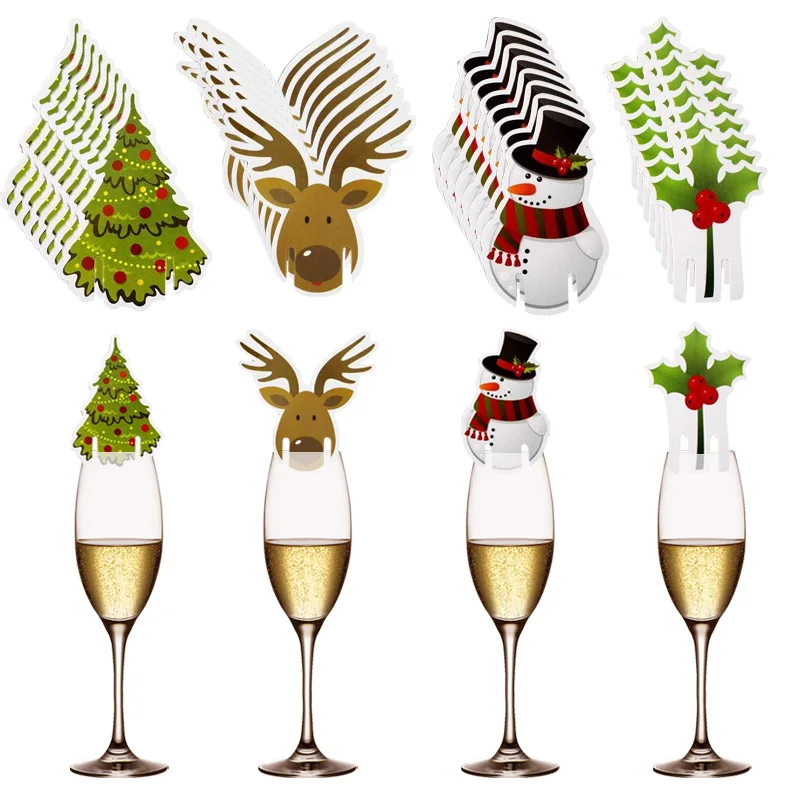 

10pcs Merry Christmas Wine Glass Card Santa Hat Xmas Tree Red Wine Glass Decoration Xmas Home Party Decoration 2022 New Year