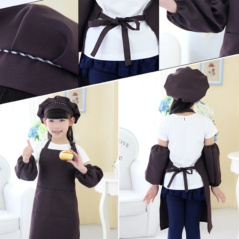 Kids Full Apron Bib Set with Pocket and Hat Sleeves Craft Kitchen Chef Cooking Art Children Diy Apparel Red | Дом и сад