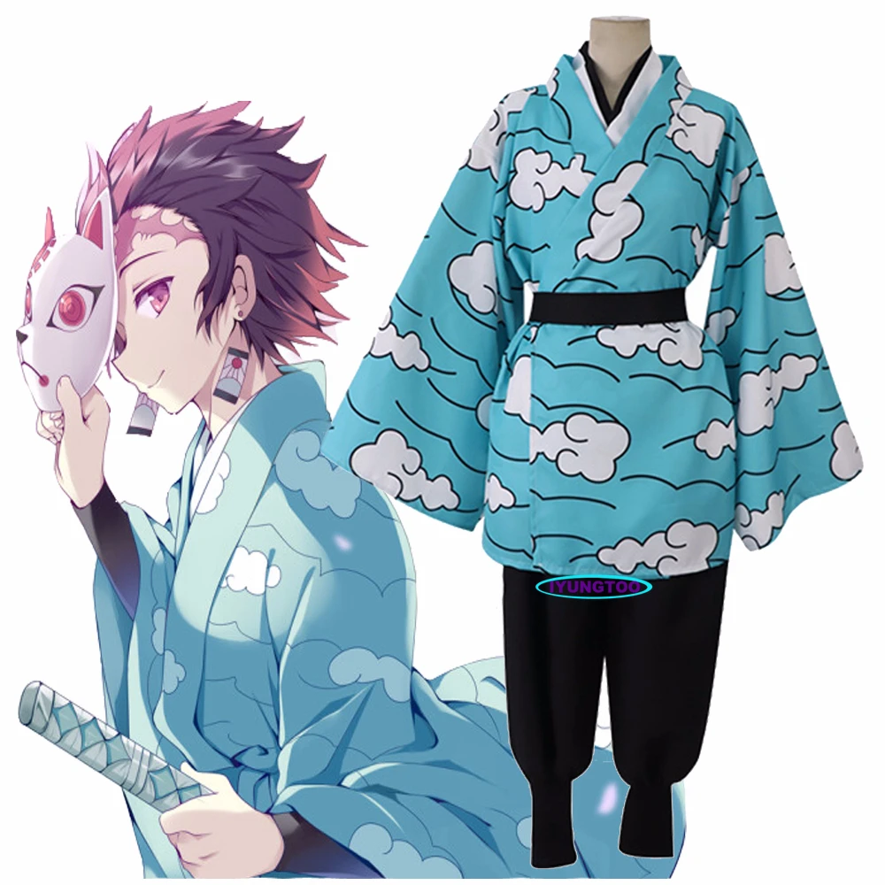 

Anime Demon Slayer Kimetsu no Yaiba Kamado Tanjirou Urokodaki Sakonji Cosplay Costume Sky Blue Kimono Uniform Helloween Outfit