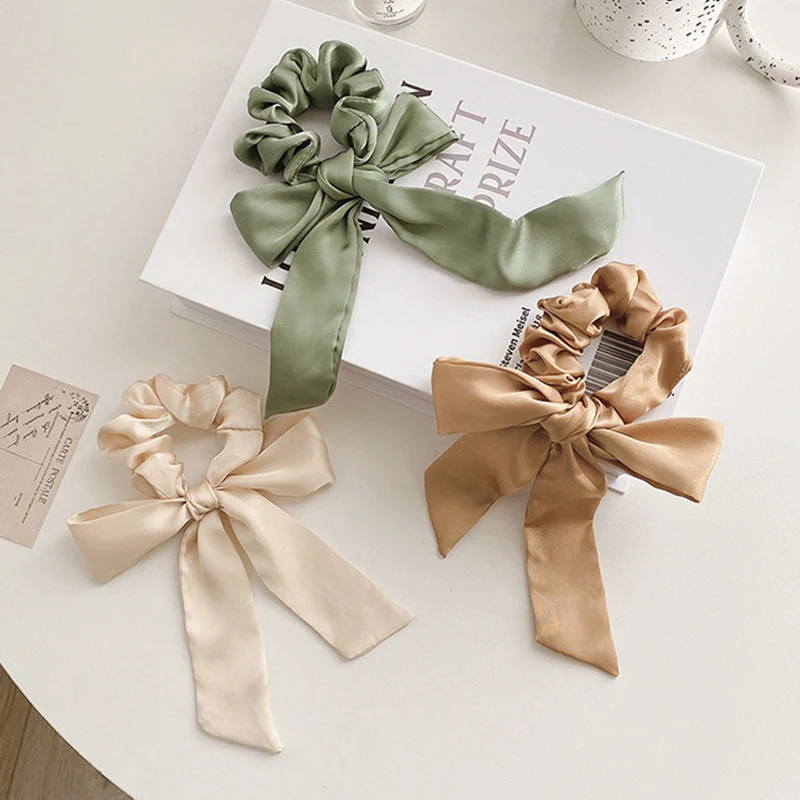 

Solid Hair Scrunchies Silk Ribbon Bow Hair Ties Elastic Band Ponytail Holder Vintage Hair Scarf Hair Accessories LB