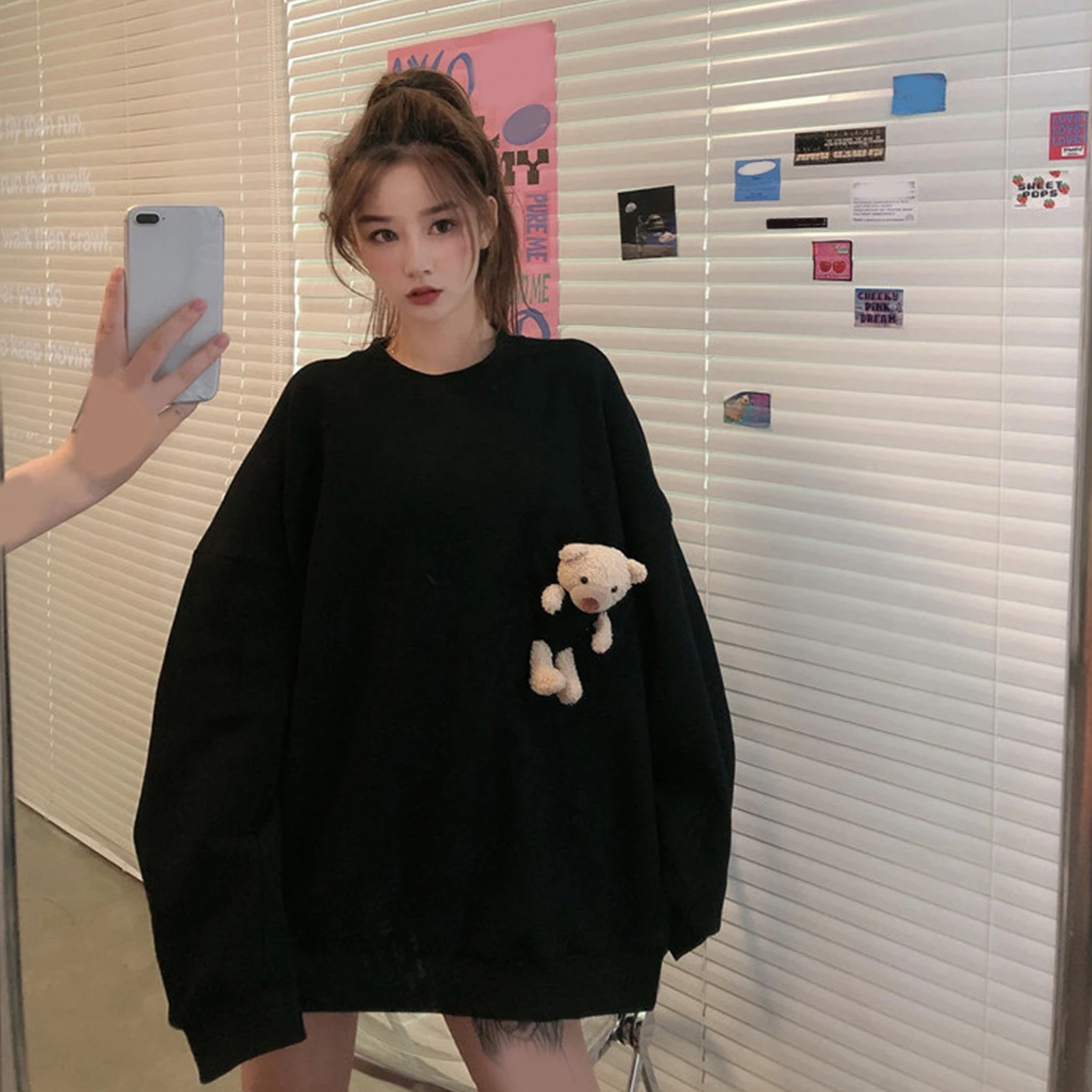 Streetwear Hoodies Hooded Women Autumn Winter Sweatshirts Pocket Blouse Top O Neck Bear Long Sleeve Hoodie Casual Pullovers 2020